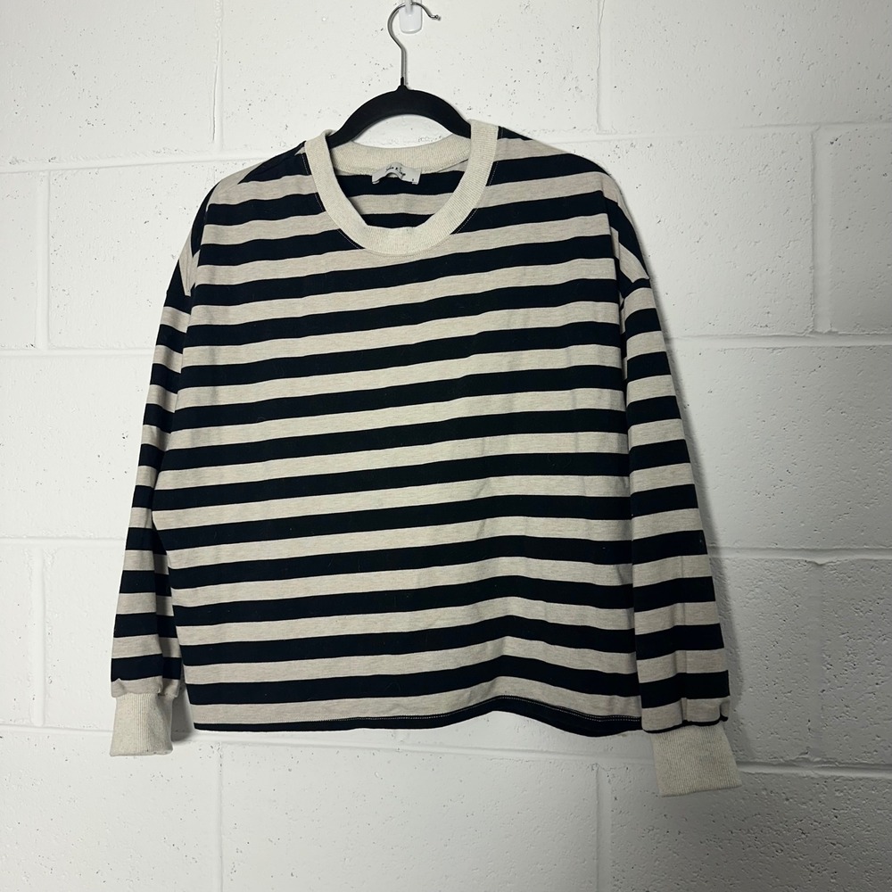Sadie & Sage Striped Long Sleeve Sweatshirt Crewneck Black Cream Small oversized